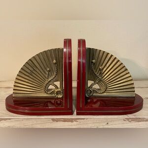Vintage Cherry Wood and Solid Brass Fan Bookends